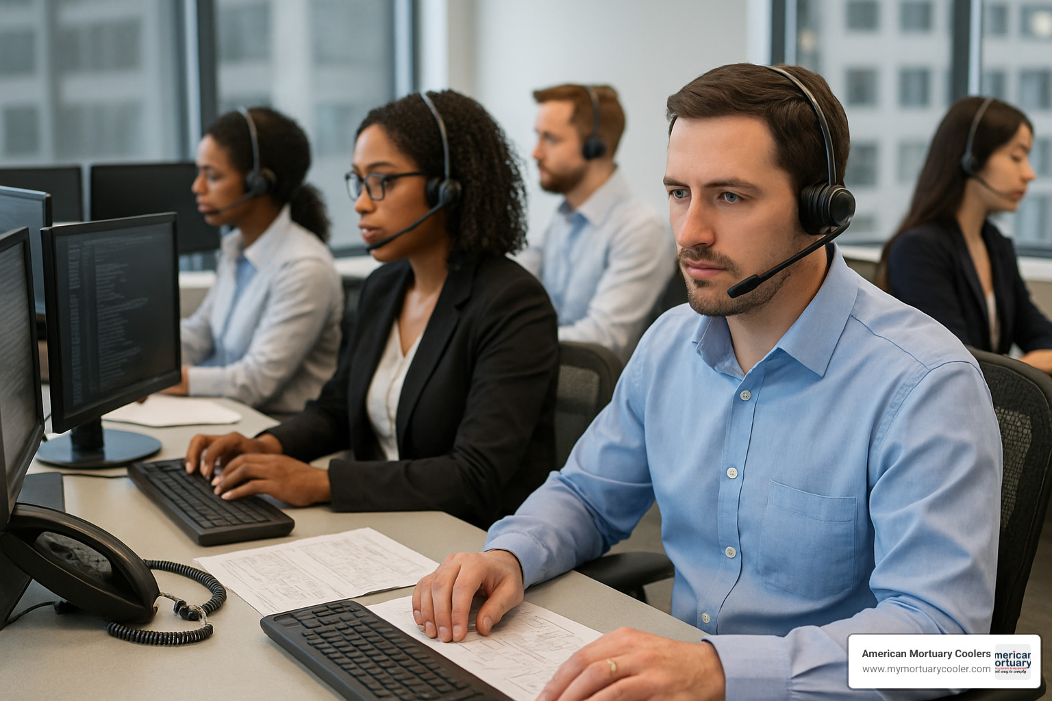 Professional customer service representatives at modern workstations with multiple monitors, technical documentation, and communication equipment - holland supply company