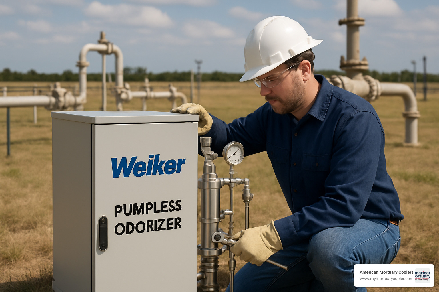 Welker pumpless odorizer system installed in field setting with technician performing maintenance - holland supply company