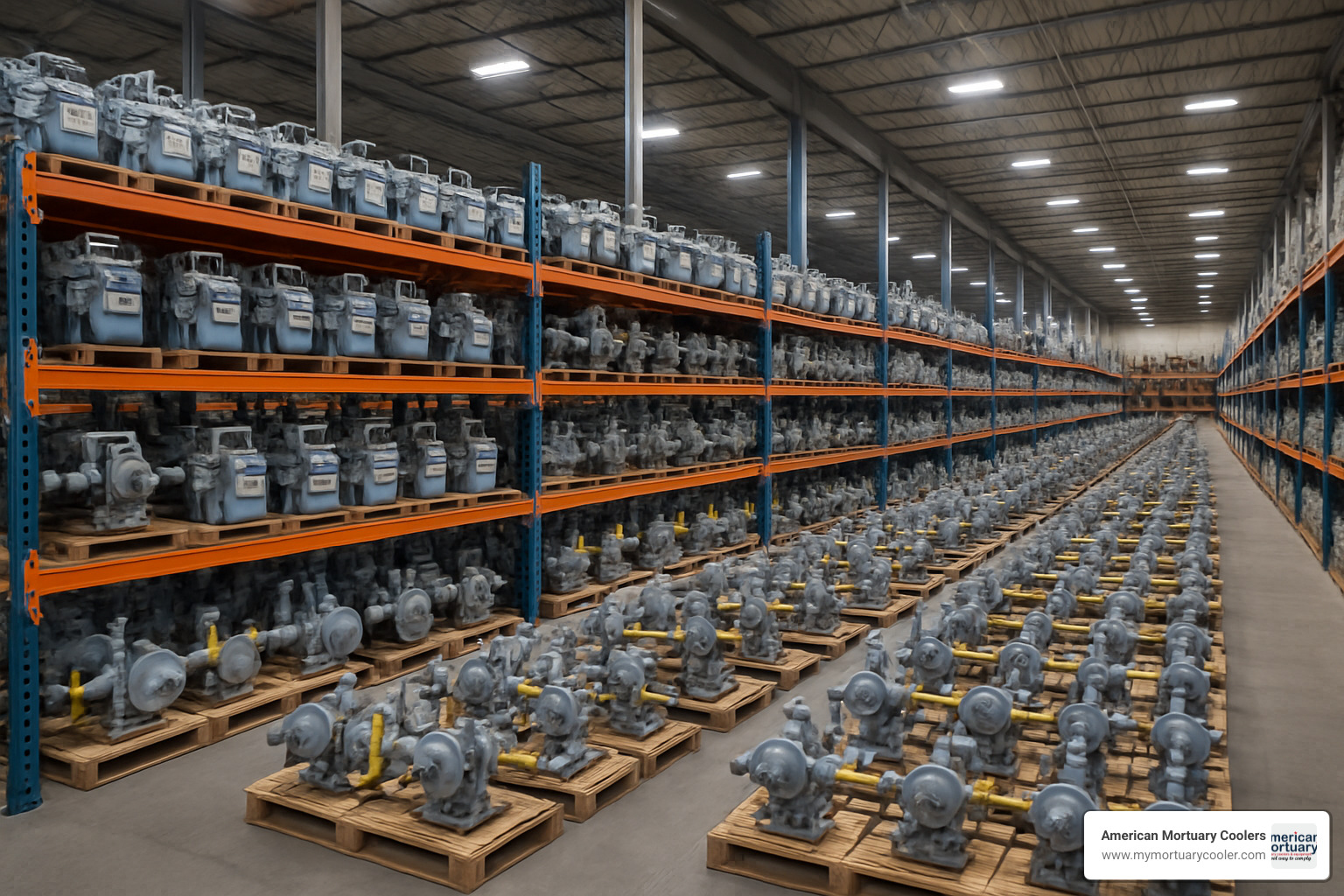 Large warehouse facility with organized rows of natural gas equipment, meters, regulators, and fabricated settings on industrial shelving systems - holland supply company