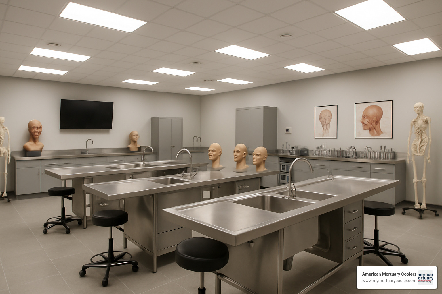 State-of-the-art restorative art laboratory with proper lighting, equipment, and training stations - mortuary school
