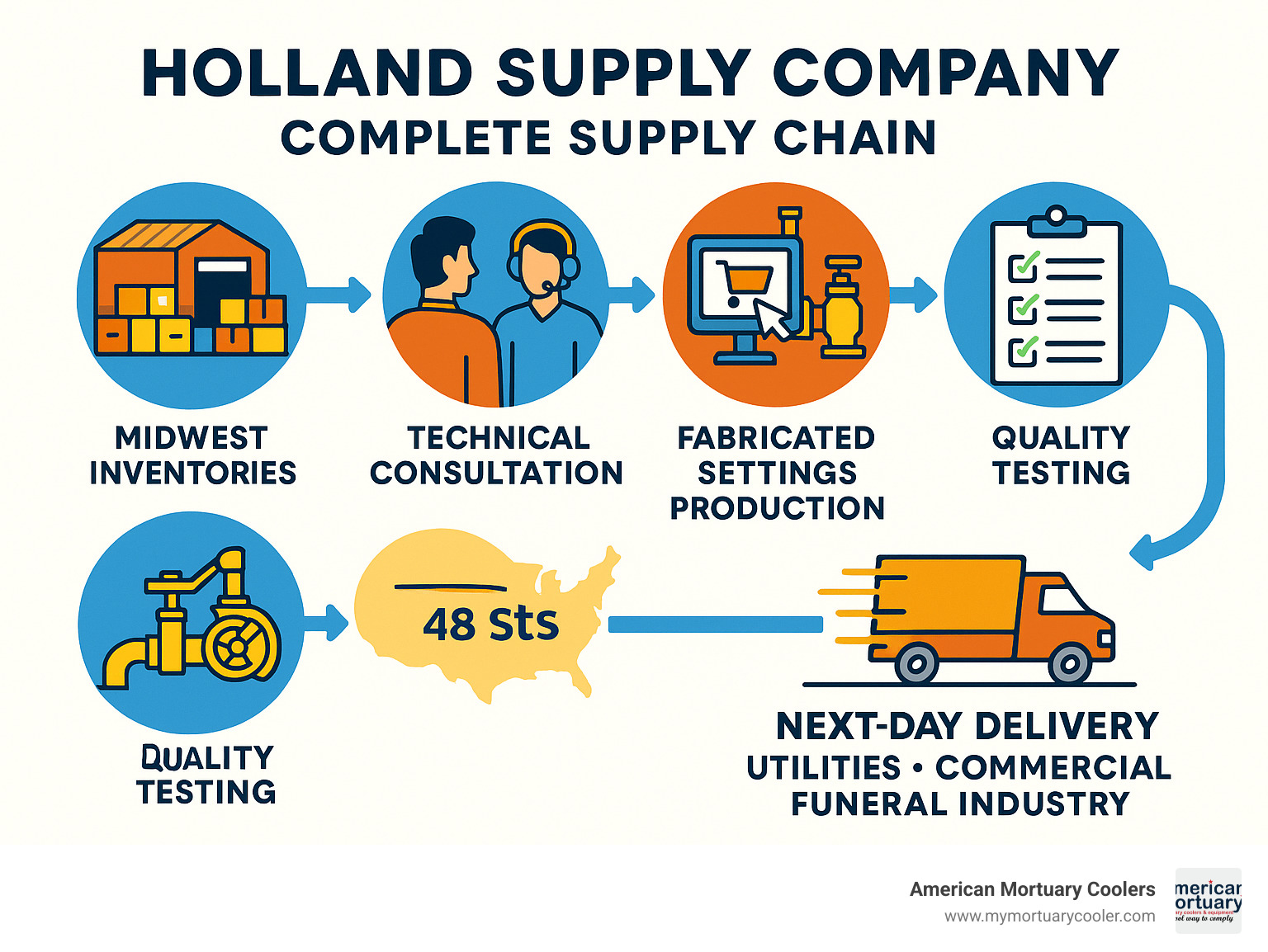 Detailed infographic showing Holland Supply Company's complete supply chain from large Midwest inventory warehouses through technical consultation, rapid order processing, fabricated settings production, quality testing, and next-day delivery to utilities, commercial clients, and funeral industry customers across 48 states - holland supply company infographic 