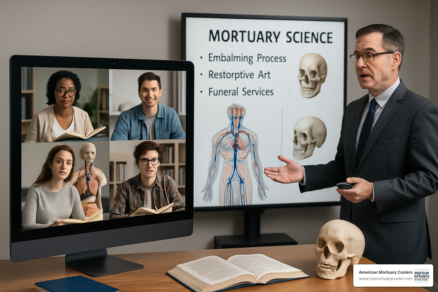 Virtual classroom setup with mortuary science students attending lectures online - mortuary school