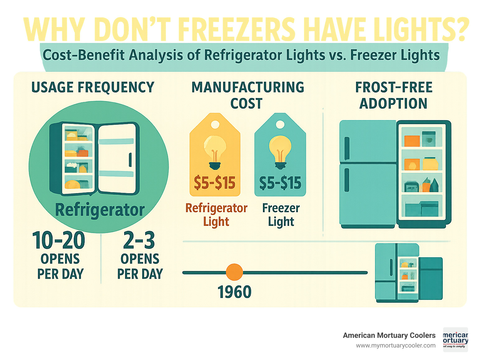 Infographic showing the cost-benefit analysis of refrigerator lights versus freezer lights, including usage frequency statistics, manufacturing costs, and historical timeline of frost-free technology adoption - why don't freezers have lights infographic 