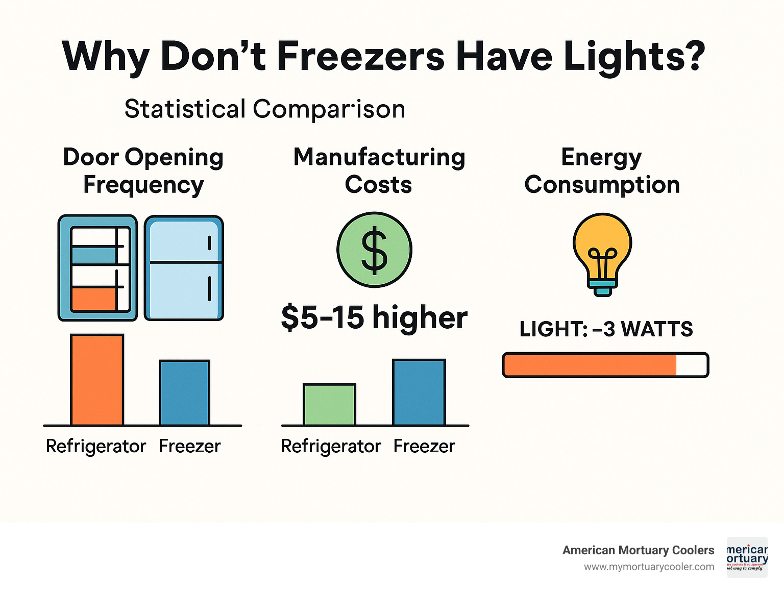 Statistical comparison showing refrigerator vs freezer door opening frequency, manufacturing costs, and energy consumption data - why don't freezers have lights infographic 
