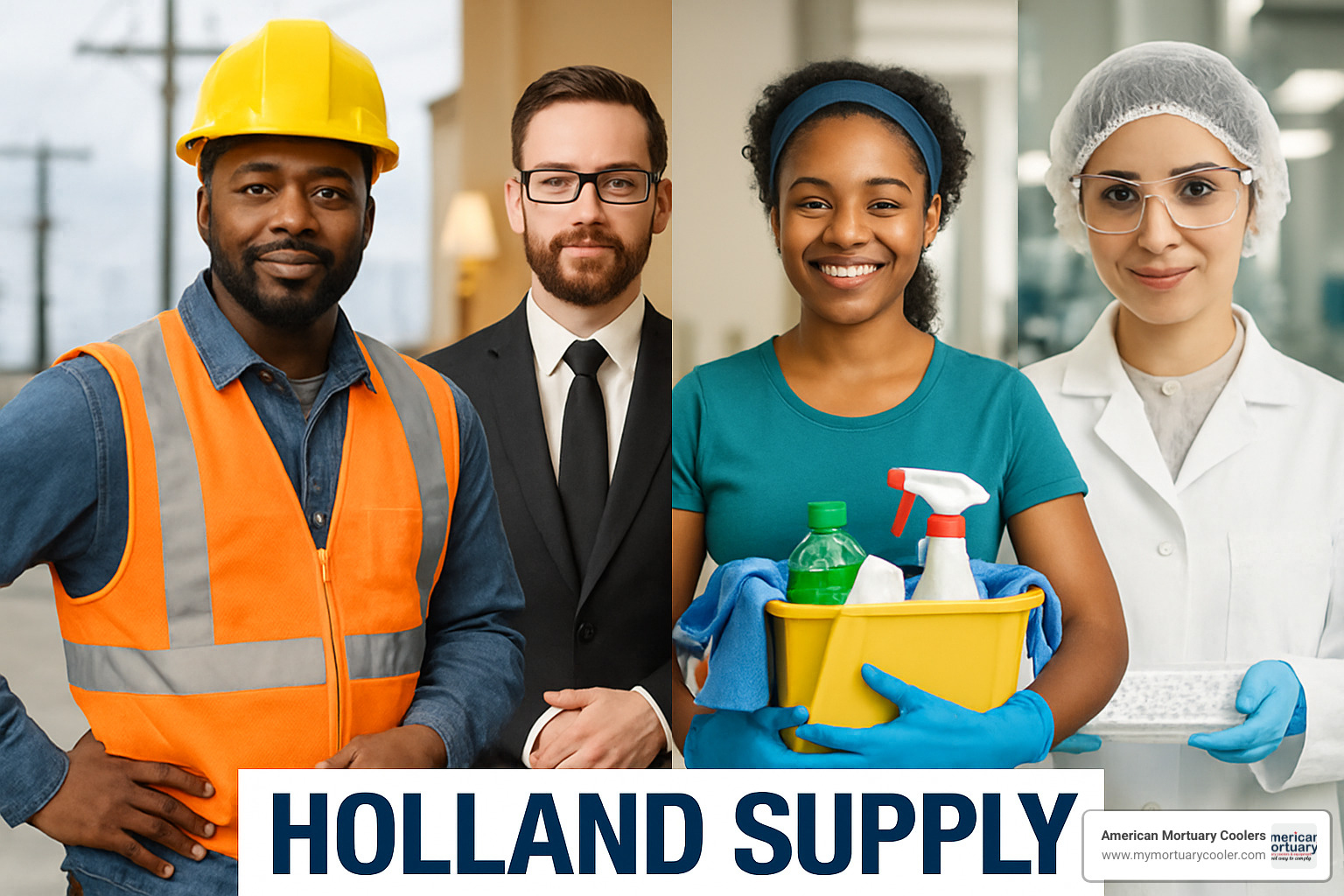 Diverse industry montage showing utility workers, funeral directors, cleaning professionals, and pharmaceutical technicians representing Holland Supply's customer base - holland-supply