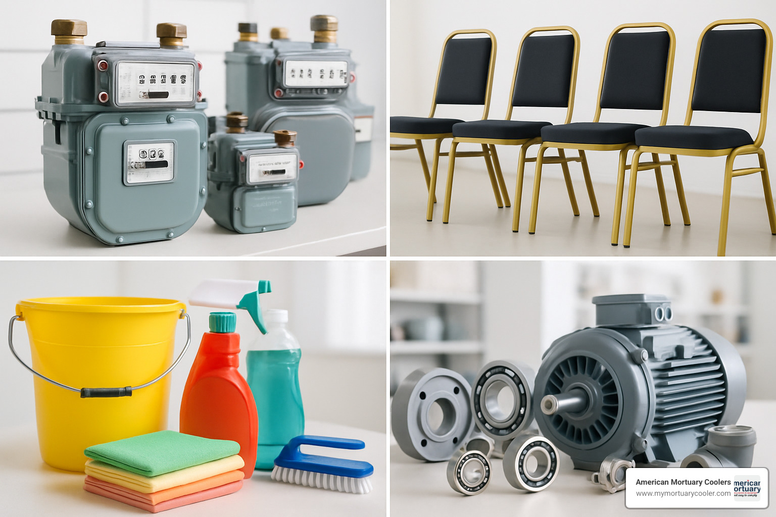Mixed product lines showing natural gas meters, funeral chairs, cleaning supplies, and industrial components representing Holland Supply's diverse offerings - holland-supply