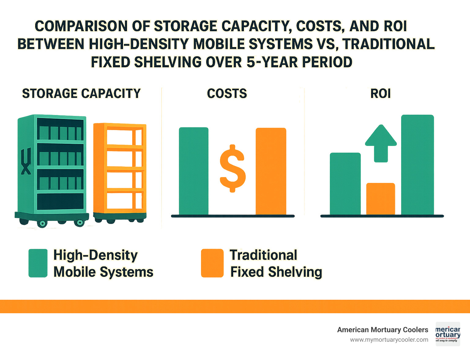 Comparison of storage capacity, costs, and ROI between high-density mobile systems versus traditional fixed shelving over 5-year period - laboratory storage systems infographic 