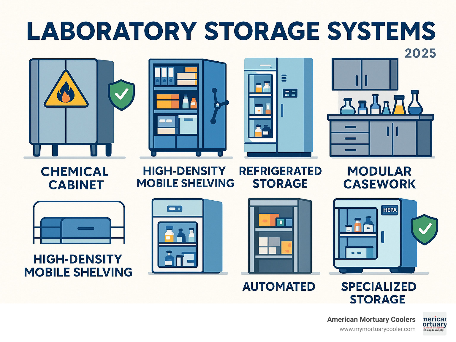 Comprehensive breakdown of laboratory storage system types including chemical cabinets, high-density mobile shelving, refrigerated units, modular casework, automated vertical systems, and specialized cleanroom storage with safety compliance indicators - laboratory storage systems infographic 