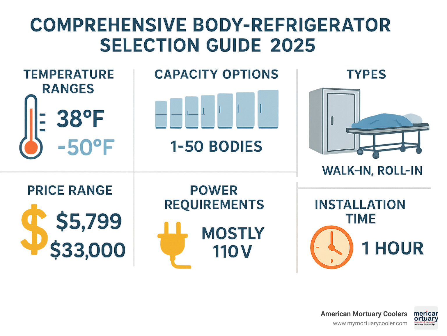 Comprehensive body-refrigerator selection guide showing temperature ranges, capacity options from 1-50 bodies, types including walk-in and roll-in units, price ranges from $5,799-$33,000, power requirements mostly 110V, and installation times typically 1 hour - body-refrigerator infographic 