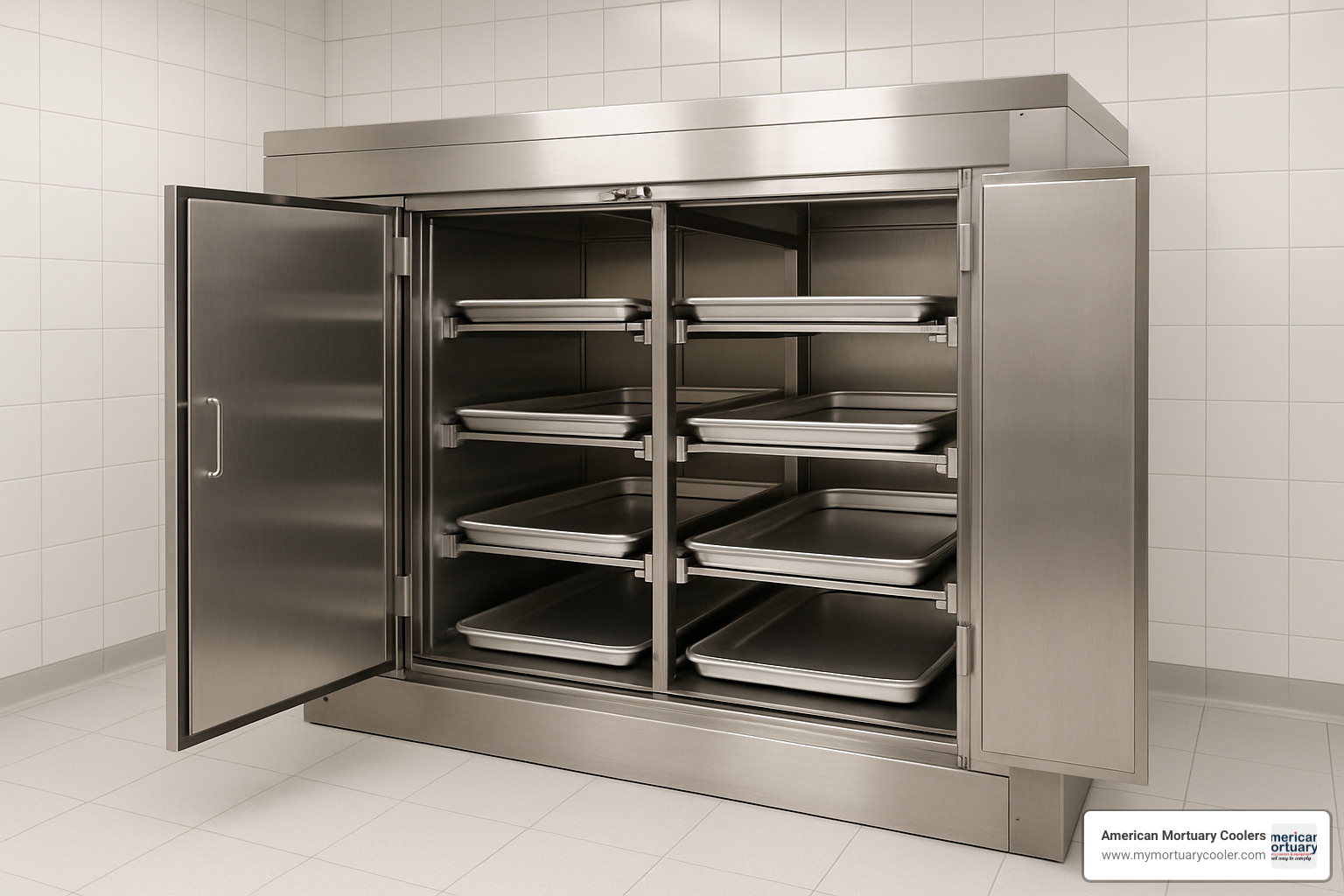 Custom side-loading mortuary cooler with specialized door configuration and adjustable rack system - body-refrigerator-