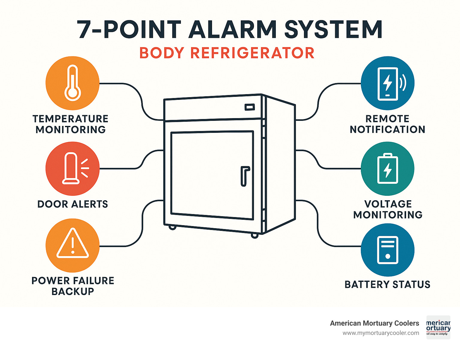 Comprehensive infographic showing 7-point alarm system including temperature monitoring, door alerts, power failure backup, sensor diagnostics, battery status, voltage monitoring, and remote notification capabilities - body-refrigerator- infographic 