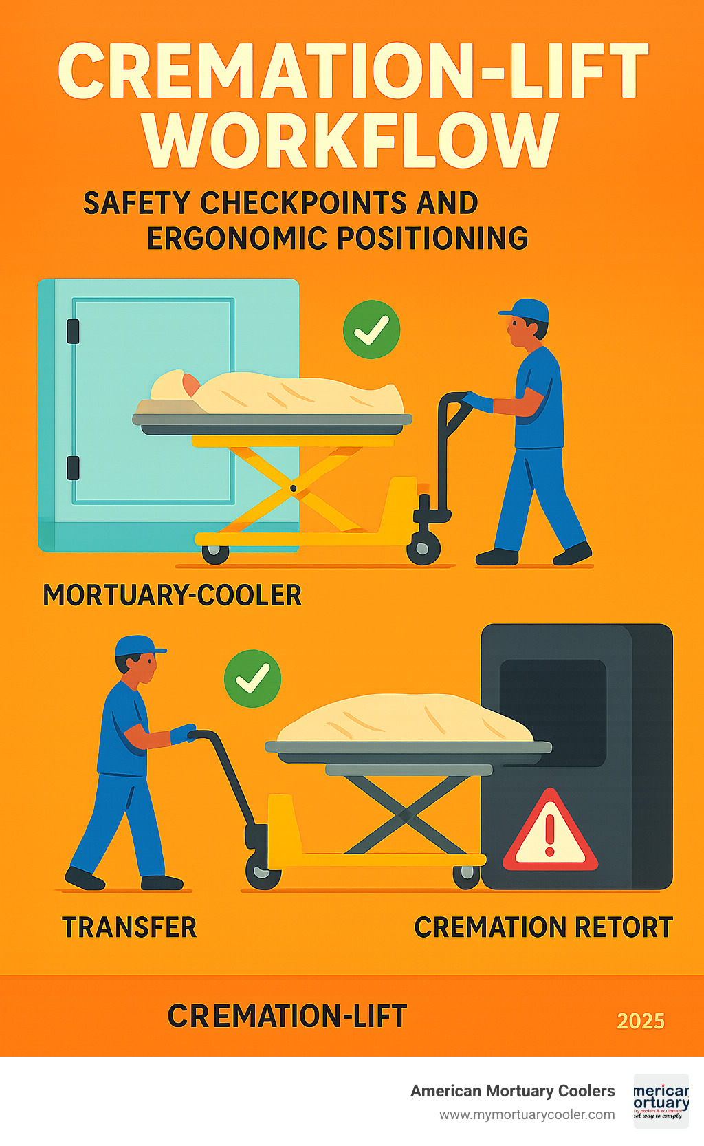 Infographic showing cremation-lift workflow from mortuary cooler through transfer to cremation retort, including key safety checkpoints and ergonomic positioning - cremation-lift infographic 