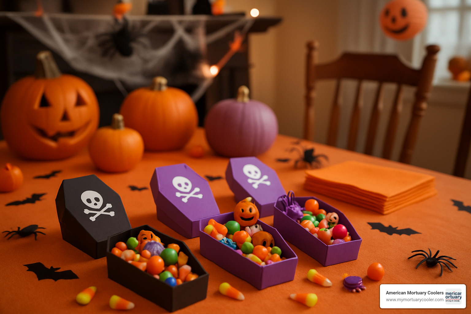 Halloween treat box setup with miniature caskets - miniature caskets