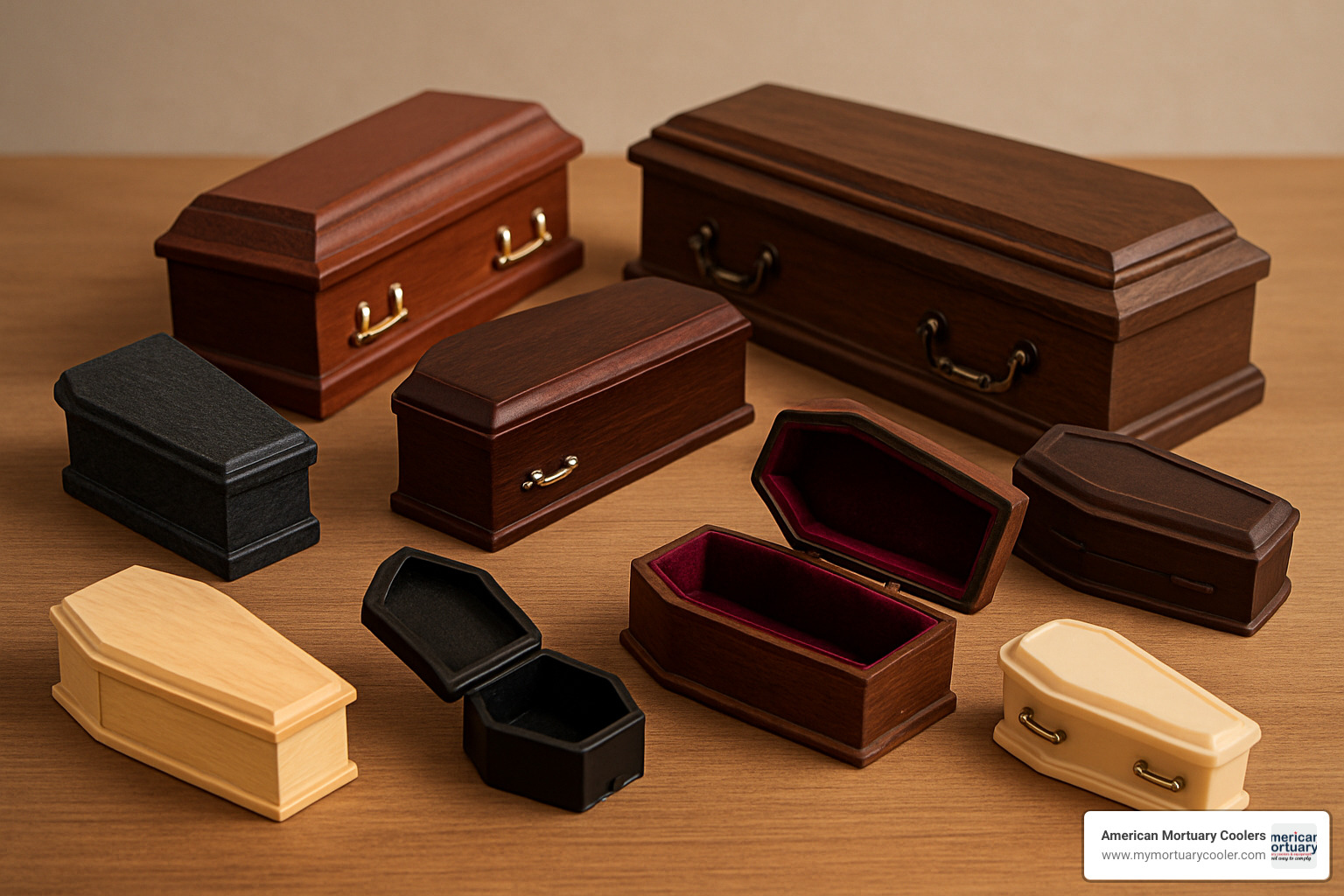 Miniature caskets collection showing various materials, sizes, and uses - miniature caskets