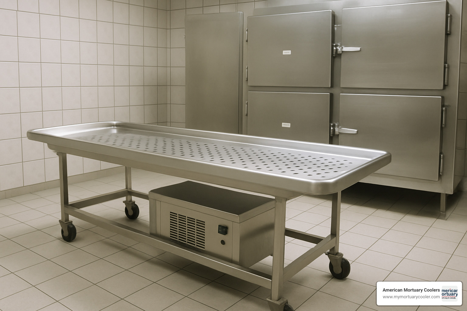 Antique cooling table being auctioned with visible maker's plaque and brass hardware - mortuary cooling table