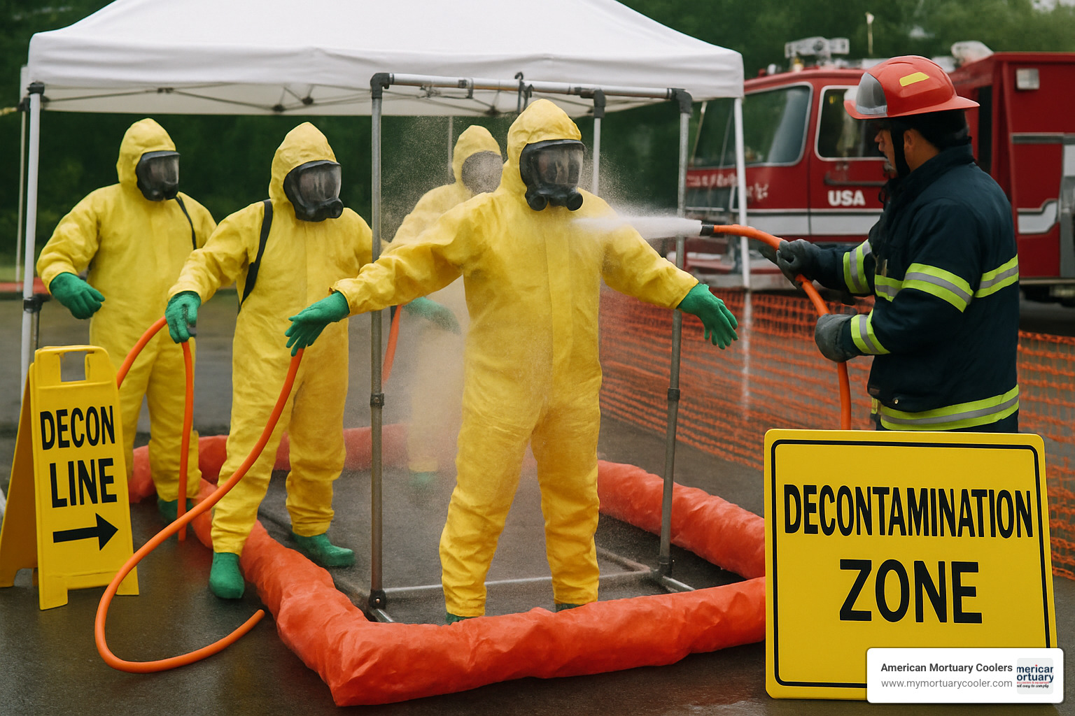 decontamination line setup - full body protective suit