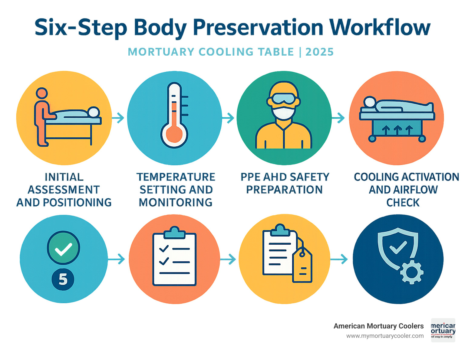 Six-step body preservation workflow infographic showing: 1) Initial assessment and positioning, 2) Temperature setting and monitoring, 3) PPE and safety preparation, 4) Cooling activation and airflow check, 5) Documentation and labeling, 6) Regular monitoring and maintenance checks - mortuary cooling table infographic 