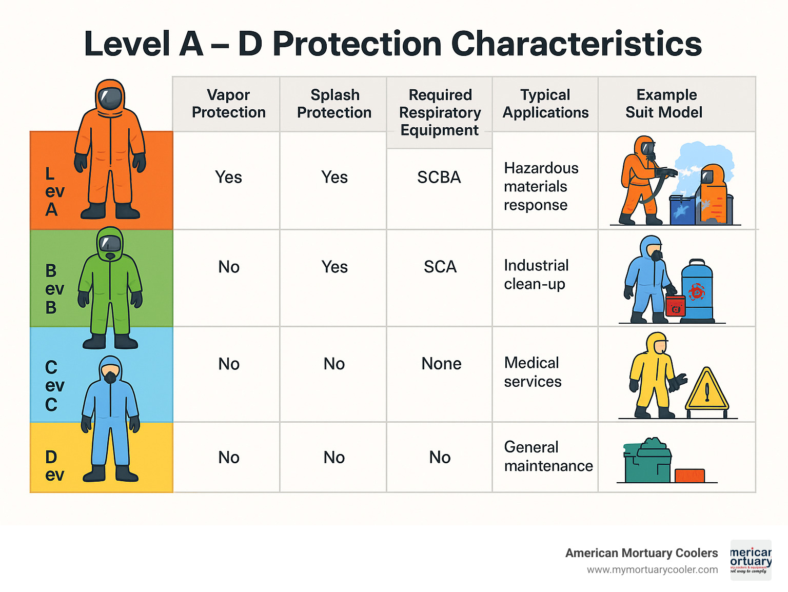 Comparison table showing Level A through D protection characteristics including vapor protection, splash protection, required respiratory equipment, typical applications, and example suit models with corresponding hazard scenarios - full body protective suit infographic 