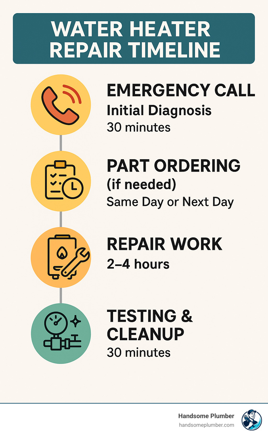 Infographic showing water heater repair timeline from emergency call to hot water restoration, including initial diagnosis (30 minutes), part ordering if needed (same day or next day), actual repair work (2-4 hours), and testing/cleanup (30 minutes) - water heater repair infographic 