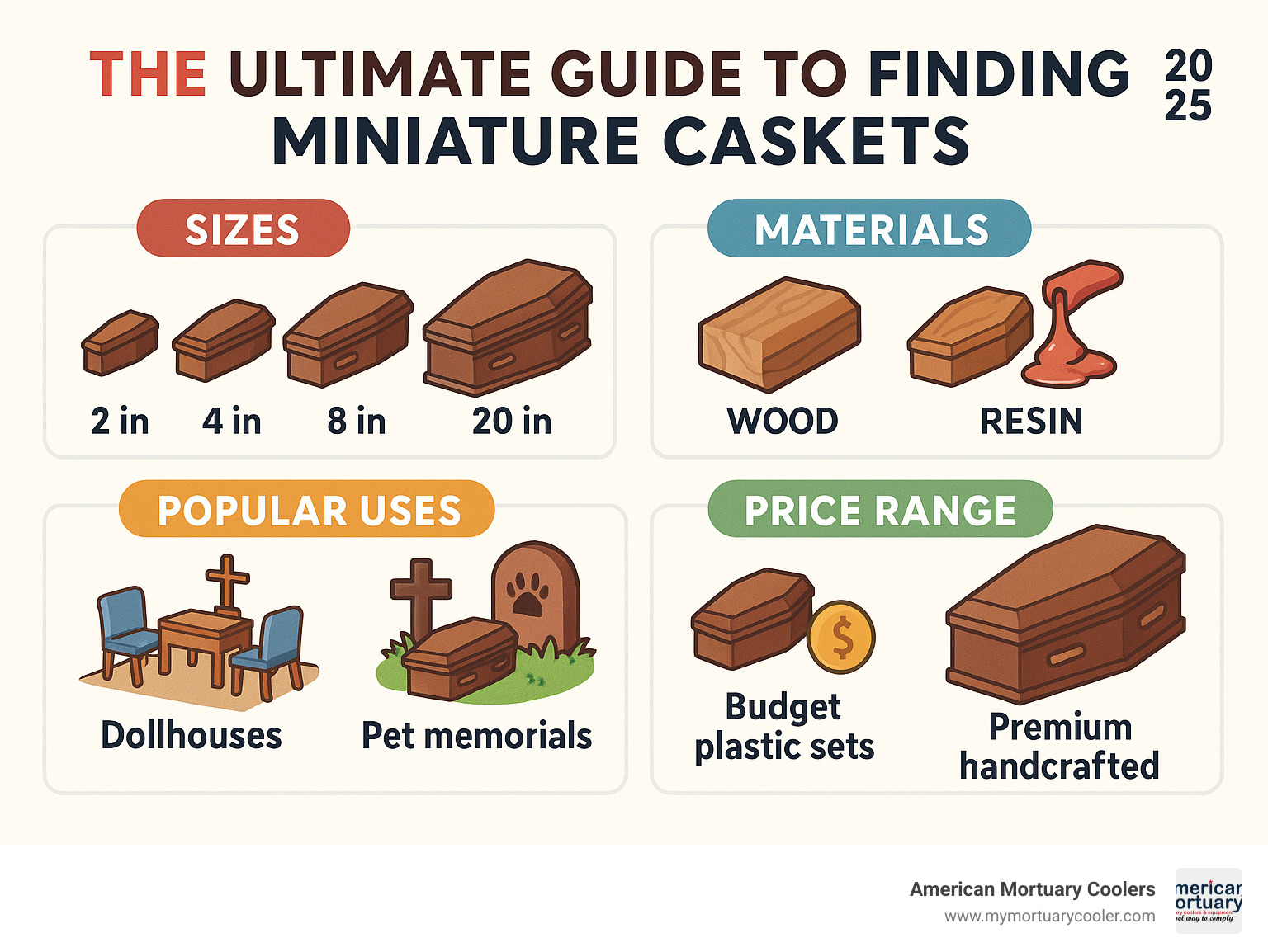 Comprehensive guide showing miniature casket sizes from 2-inch craft pieces to 20-inch display models, materials including wood and resin options, popular uses for dollhouses and pet memorials, and price ranges from budget plastic sets to premium handcrafted pieces - miniature caskets infographic 