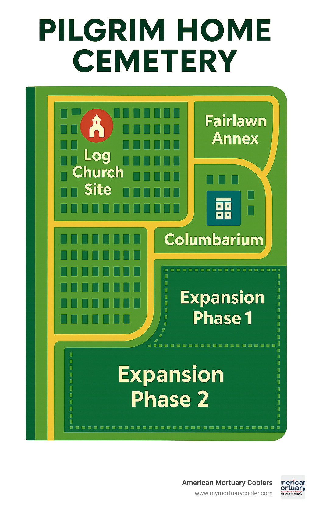 Detailed sectional map showing Log Church site, Fairlawn annex area, columbarium location, and expansion phases at Pilgrim Home Cemetery - holland cemetery infographic 