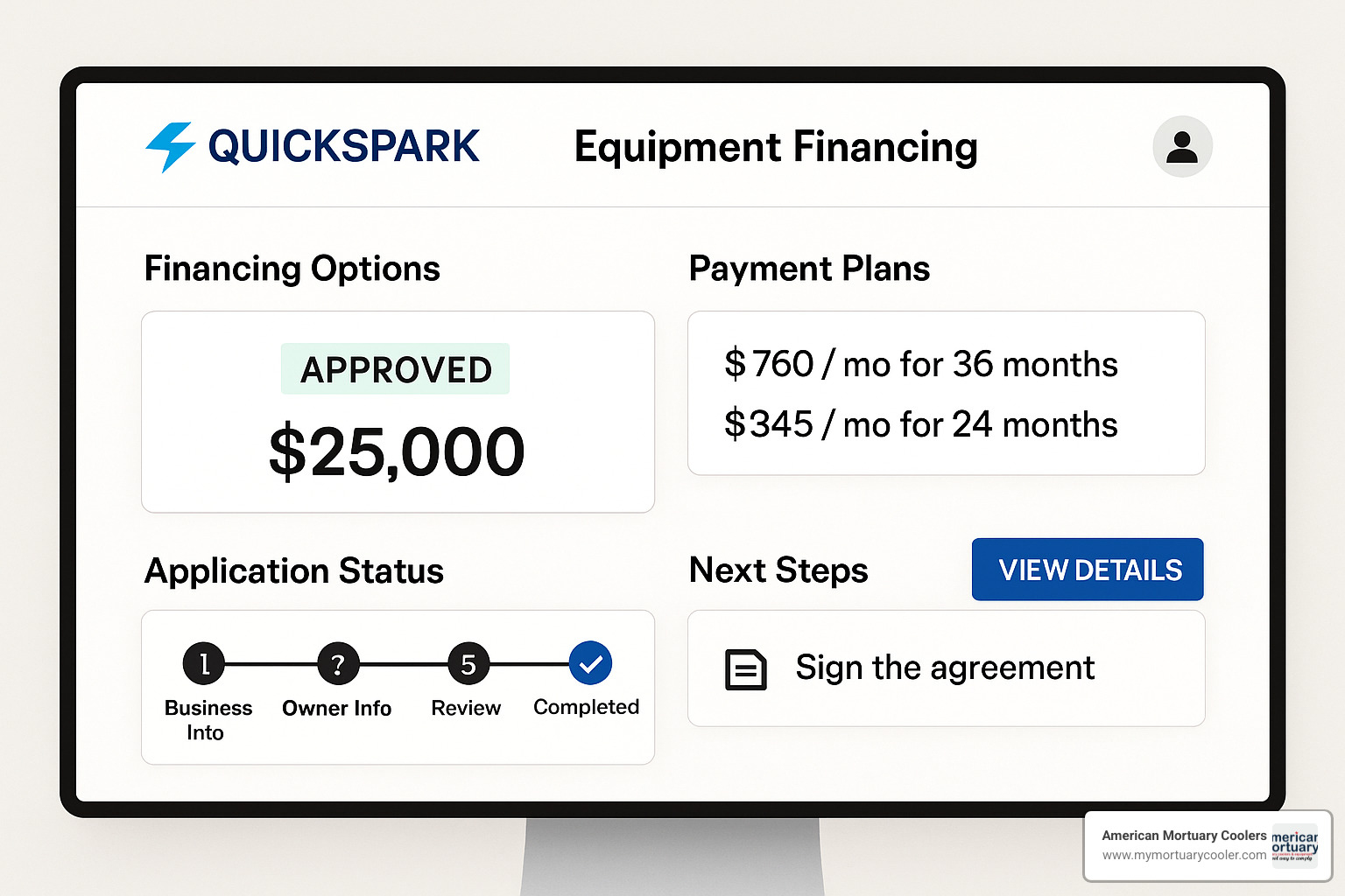Financing approval dashboard interface showing QuickSpark equipment financing options - mobi-funeral.supply