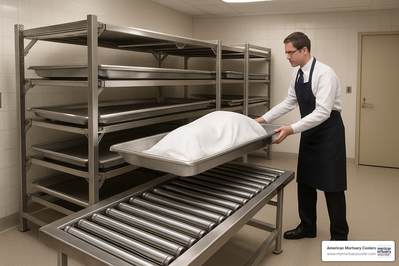 Multi-directional roller rack system in active use showing efficient body storage organization - mobi-funeral.supply