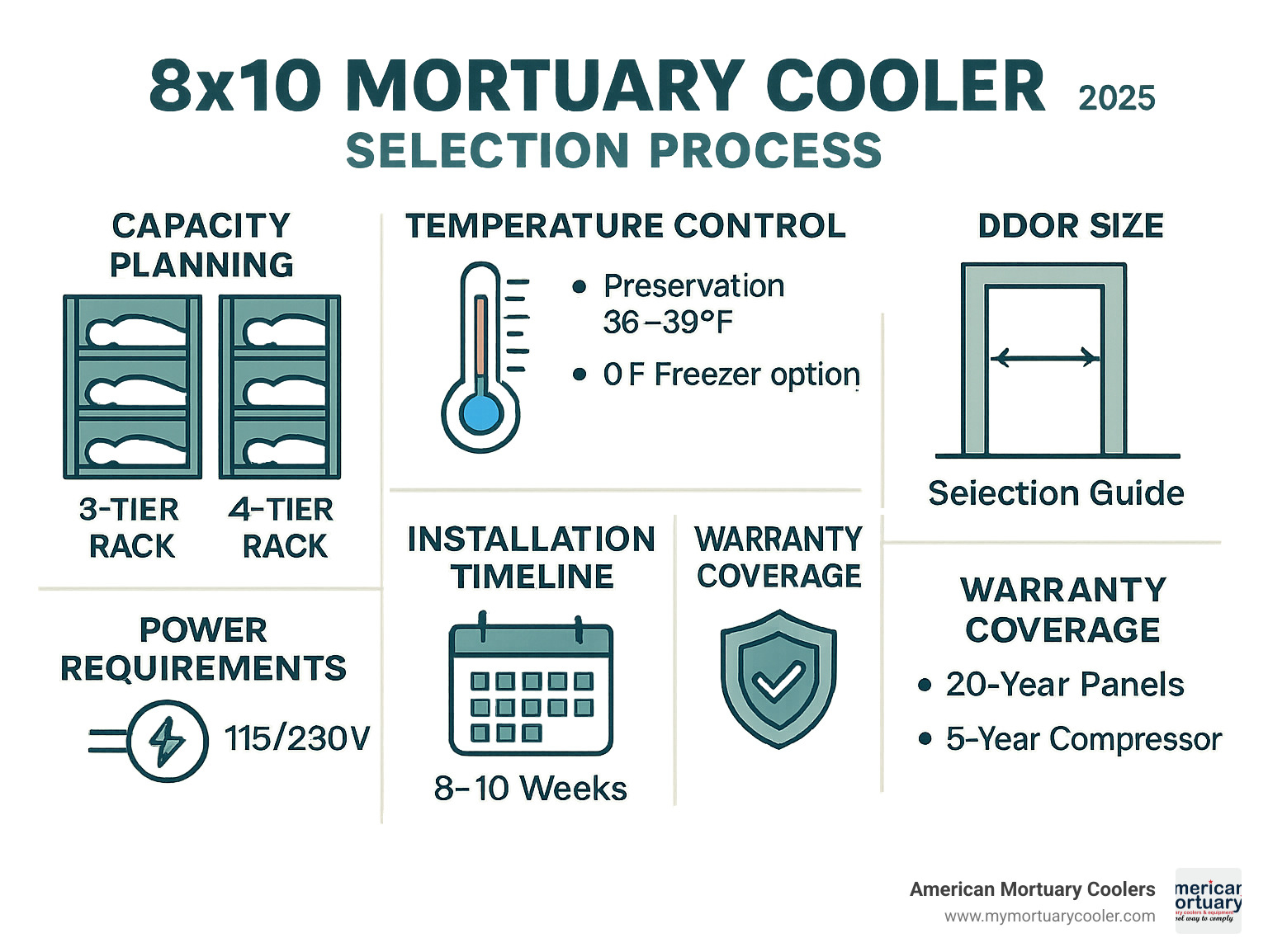 Detailed infographic showing 8x10 mortuary cooler selection process including capacity planning with 3-tier vs 4-tier racks, temperature control options, door size selection guide, power requirements, installation timeline, and warranty coverage breakdown - 8x10 mortuary cooler infographic 