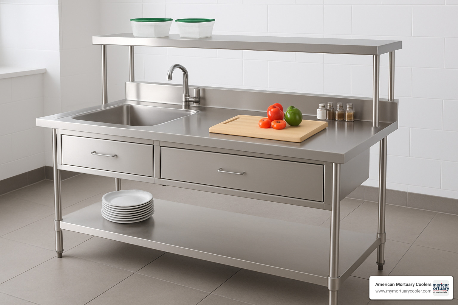 Stainless steel table with overshelf and integrated sink showing complete prep station setup - stainless steel table