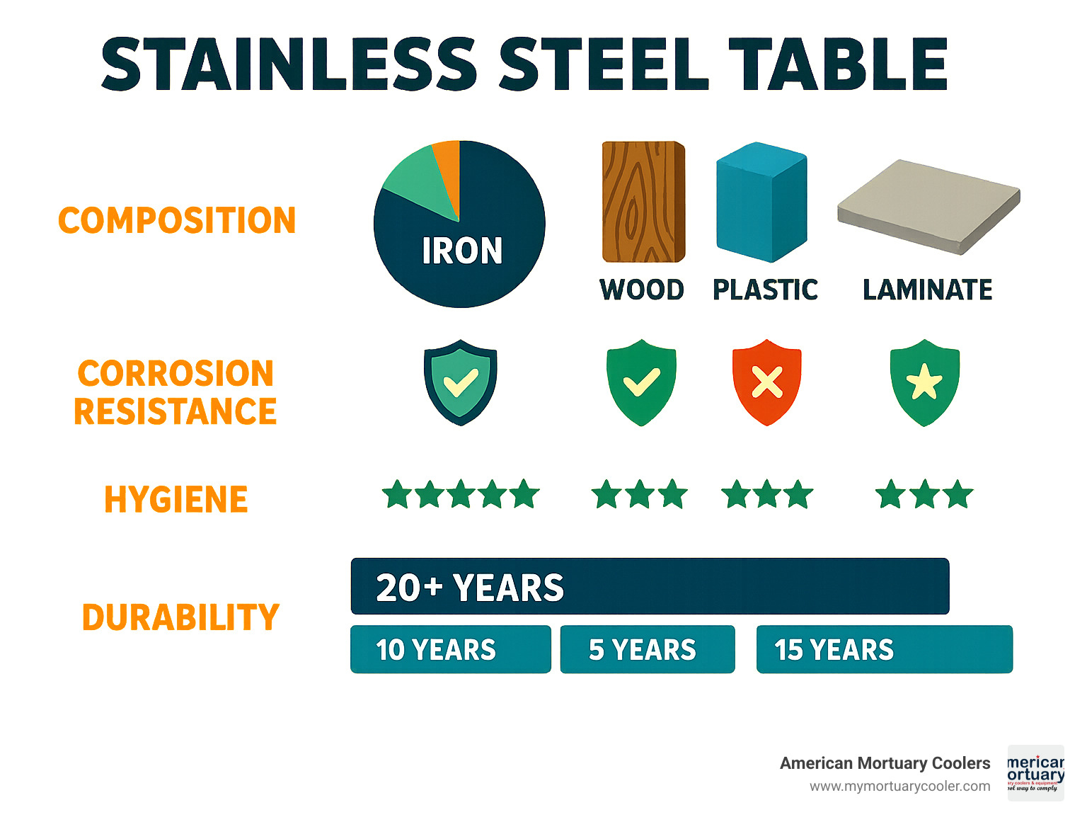 Infographic showing stainless steel composition (iron, chromium, nickel) compared to wood, plastic, and laminate materials with corrosion resistance ratings, hygiene scores, and durability timelines - stainless steel table infographic 