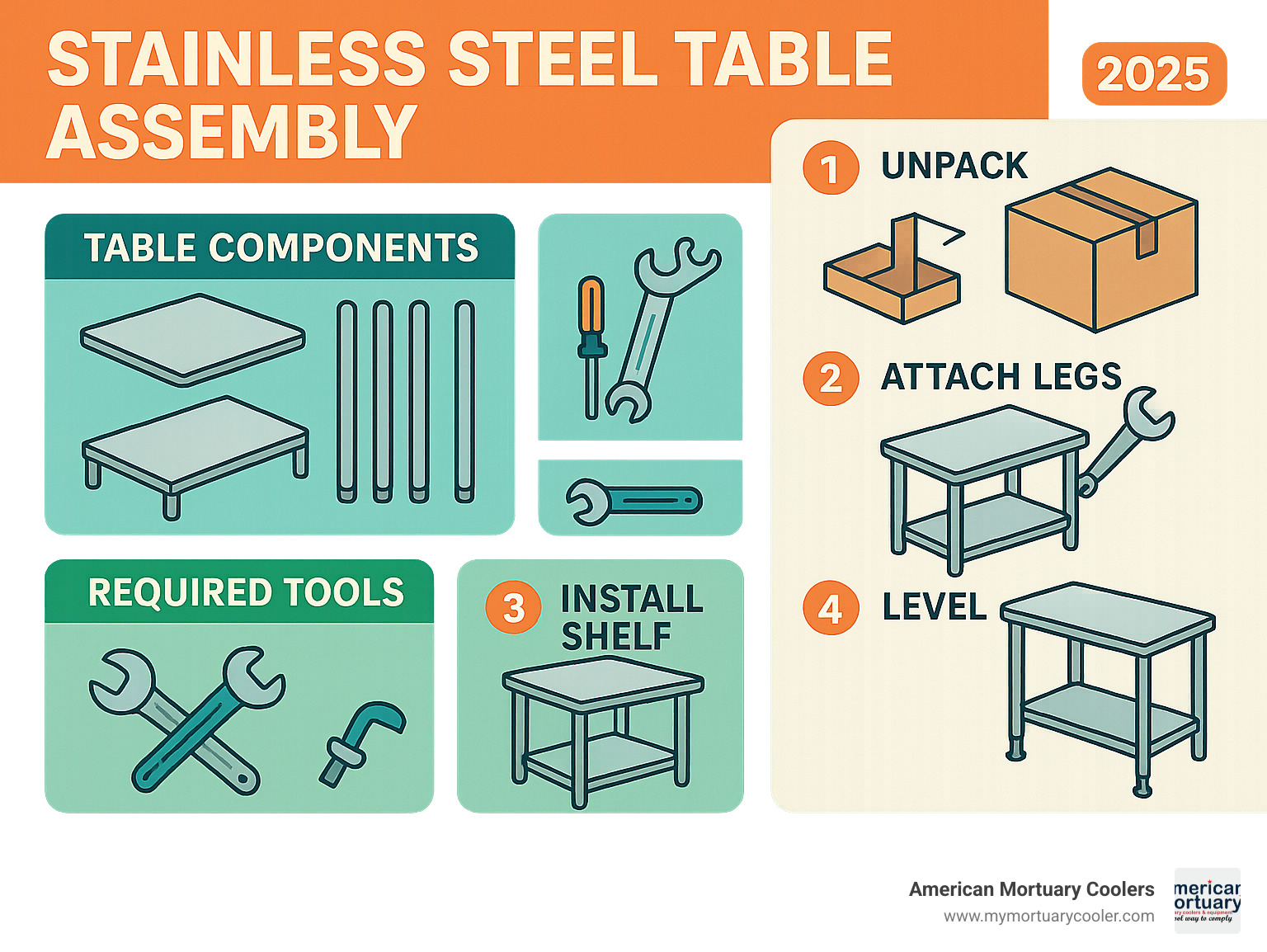 Step-by-step assembly infographic showing table components, required tools, and installation sequence from unpacking through final leveling - stainless steel table infographic 