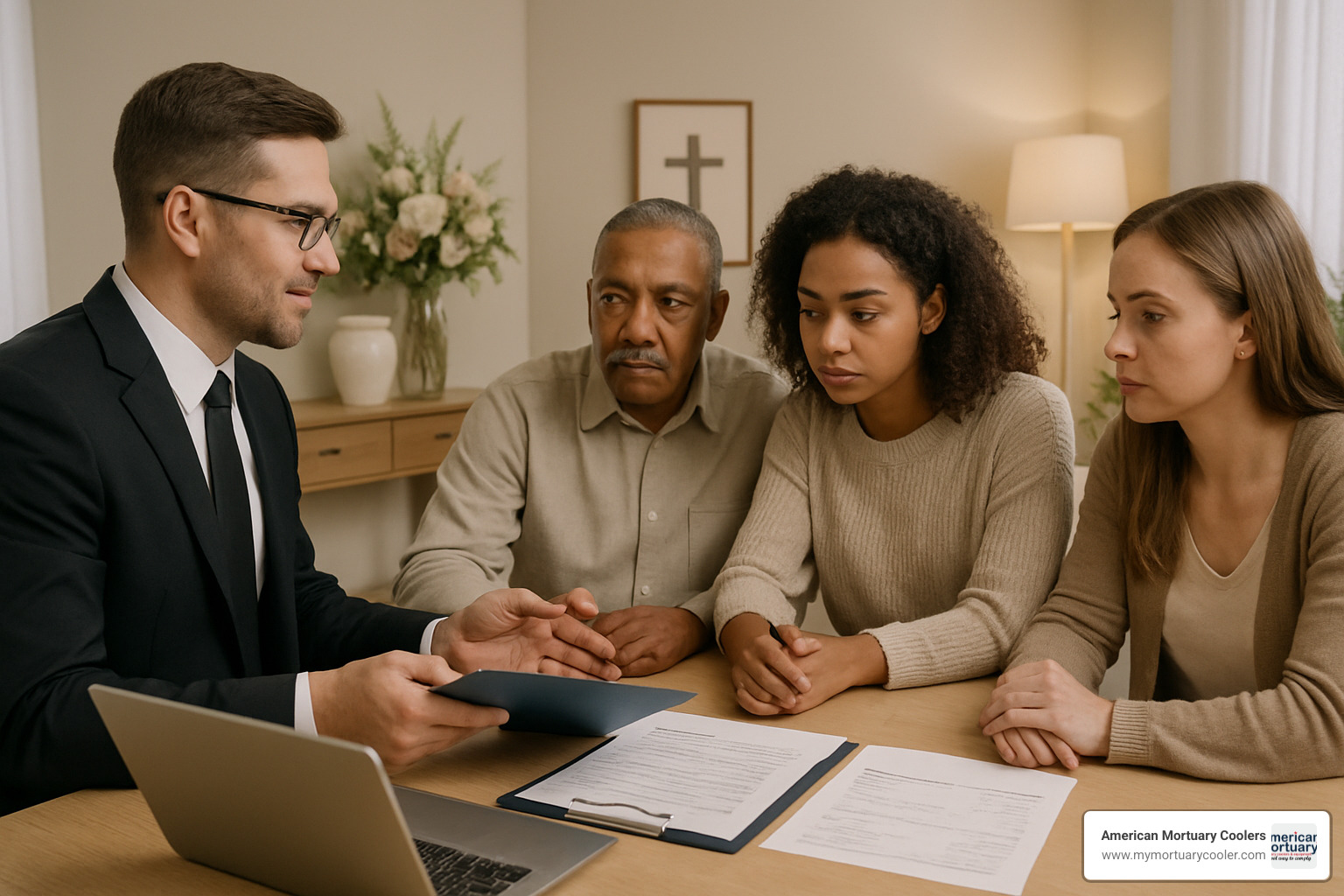 Funeral director consulting with family about financing options in comfortable office setting - american funeral finance