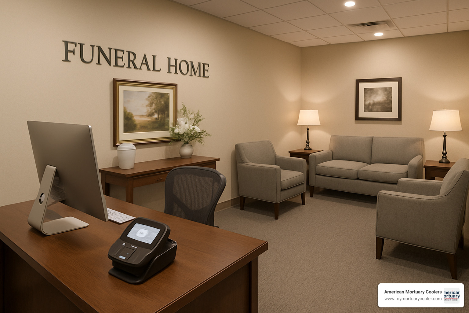 Modern funeral home office with digital payment processing and family consultation area - american funeral finance