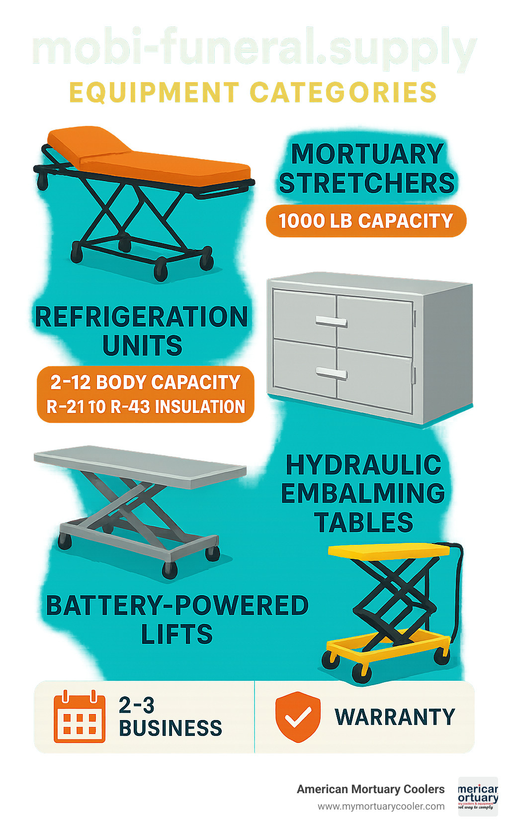 Comprehensive infographic showing mobi-funeral.supply equipment categories including mortuary stretchers with 1000lb capacity, refrigeration units from 2-12 body capacity with R-21 to R-43 insulation ratings, hydraulic embalming tables, and battery-powered lifts, along with shipping timelines of 2-3 business days and warranty coverage periods - mobi-funeral.supply infographic 