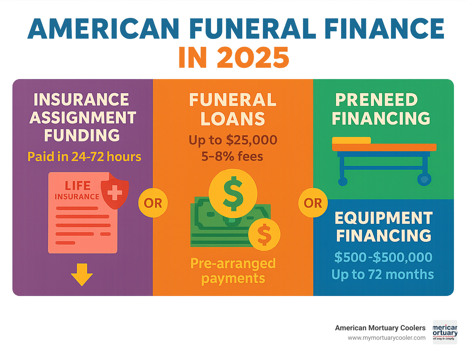 Comprehensive breakdown of american funeral finance ecosystem showing insurance assignment process, alternative lending options, preneed solutions, and equipment financing pathways with typical timeframes and cost structures - american funeral finance infographic 