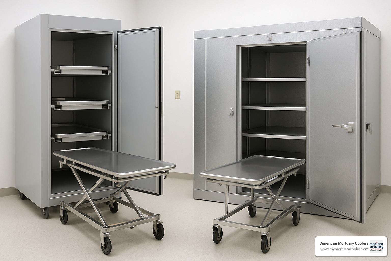 Comparison of body box versus walk-in mortuary cooler showing size differences and capacity options - mortuary-chiller-