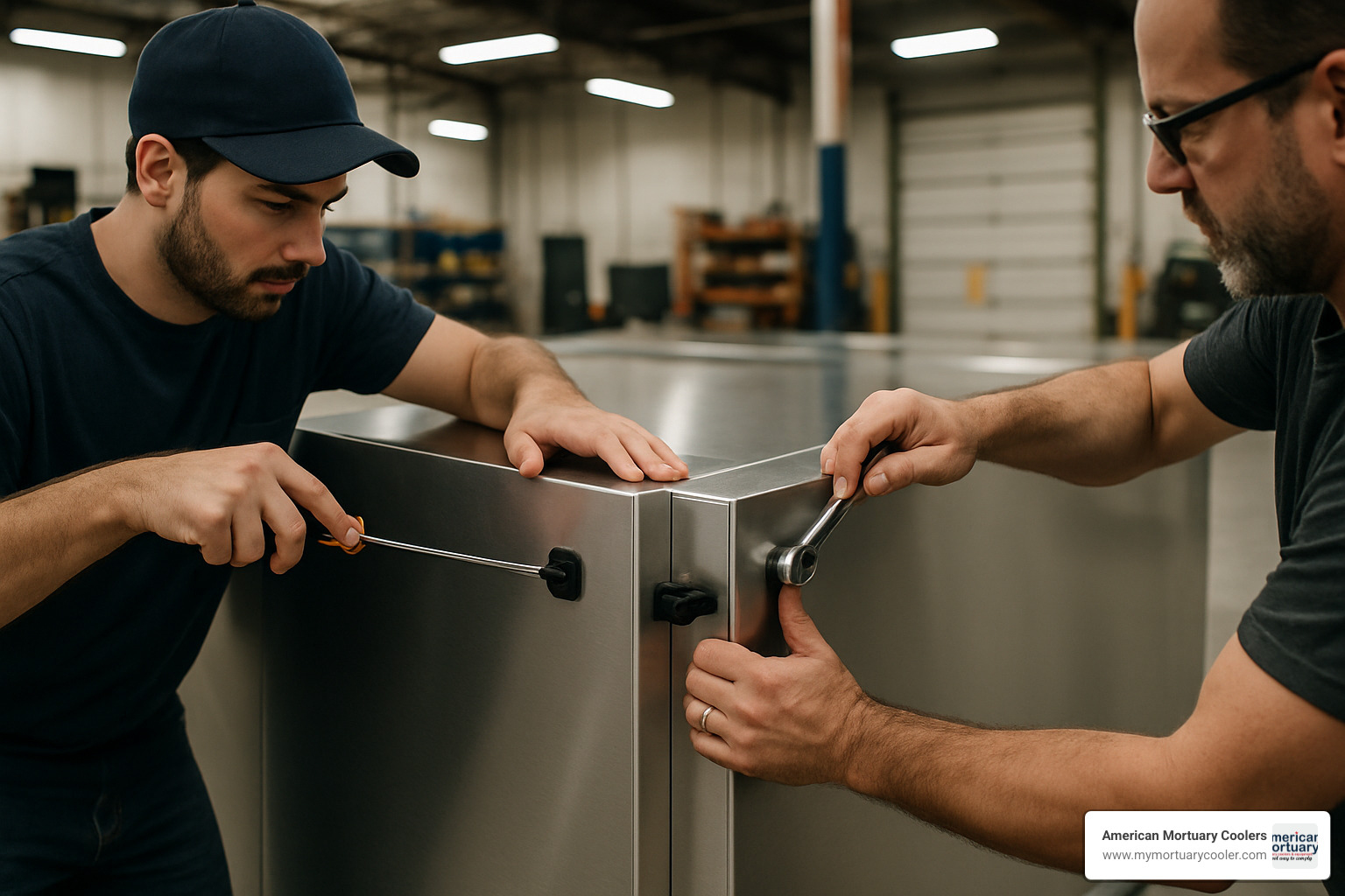 Technicians assembling modular panels with cam-lock system - mortuary-chiller-