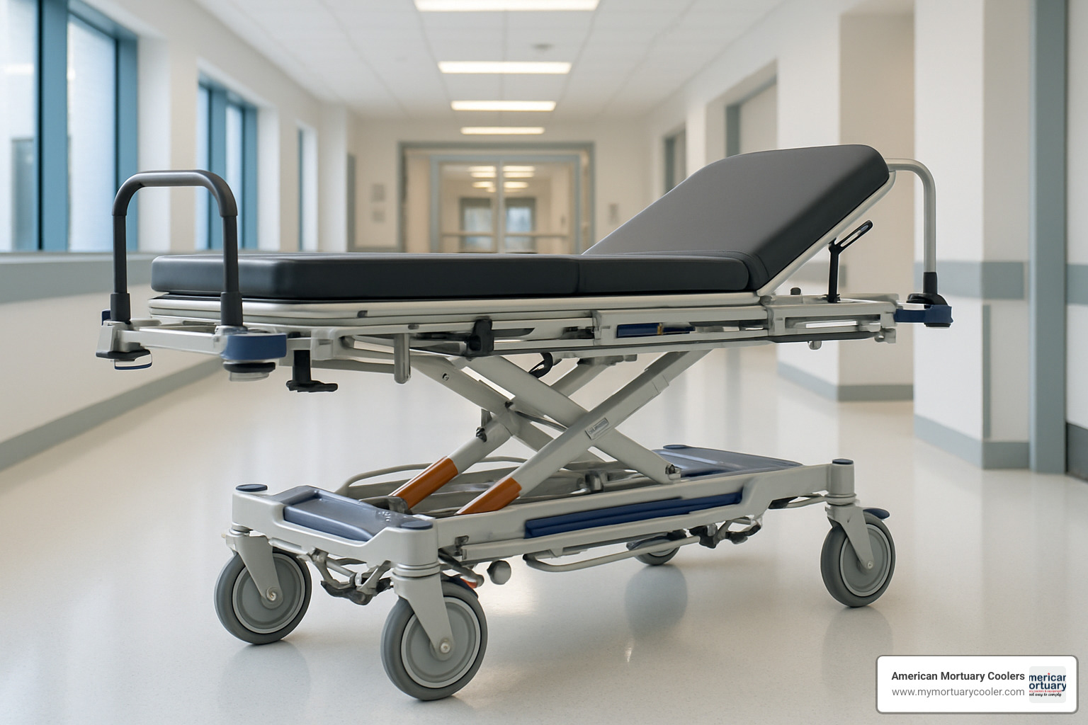 Modern gurney with hydraulic lift system and advanced wheel configuration - gurney or stretcher