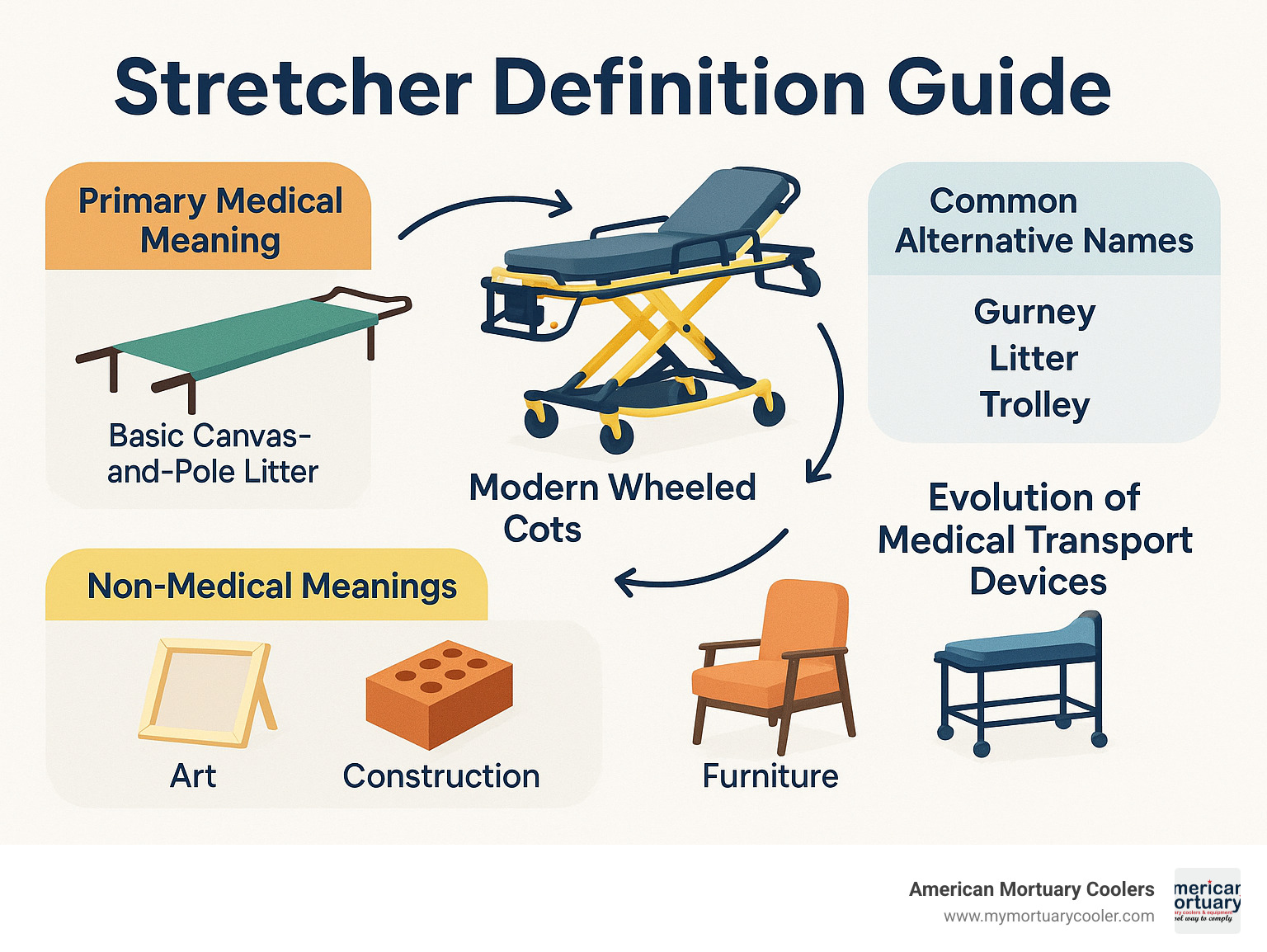 Comprehensive stretcher definition guide showing medical transport device evolution from basic canvas-and-pole litters to modern wheeled cots with hydraulic systems, including alternative names like gurney and trolley, plus non-medical meanings in art, construction, and furniture - stretcher definition infographic 