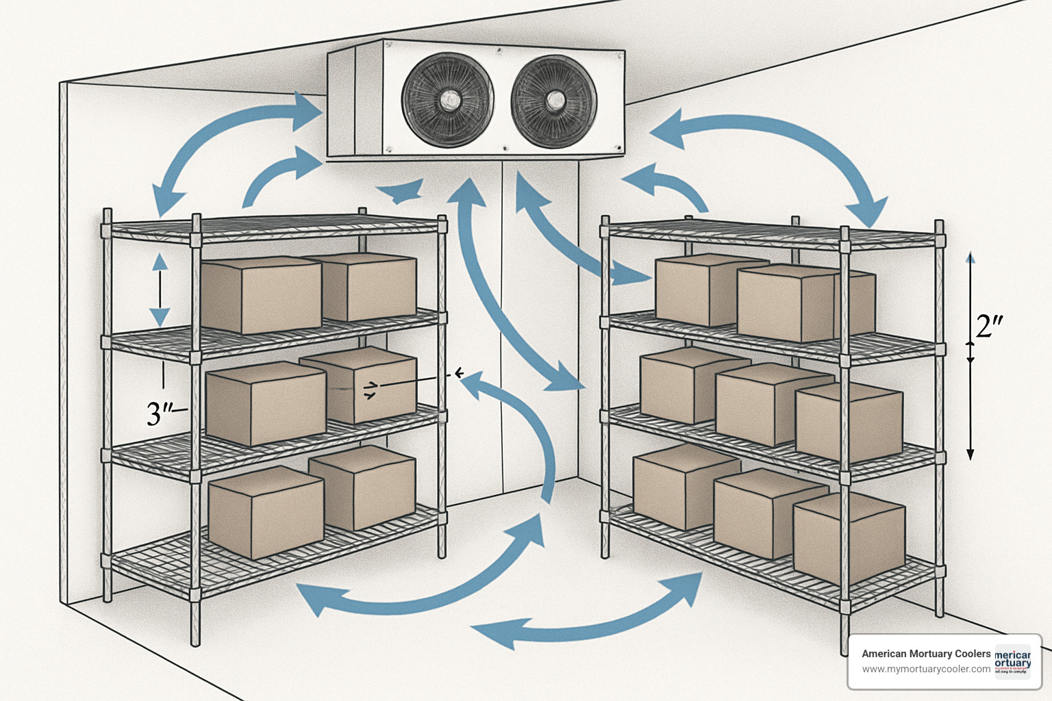 Detailed diagram showing proper shelf spacing in a walk-in freezer with arrows indicating optimal airflow patterns, 3-inch gaps between products, 2-inch clearance from walls, and ventilation around evaporator coils - walk-in freezer shelving requirements