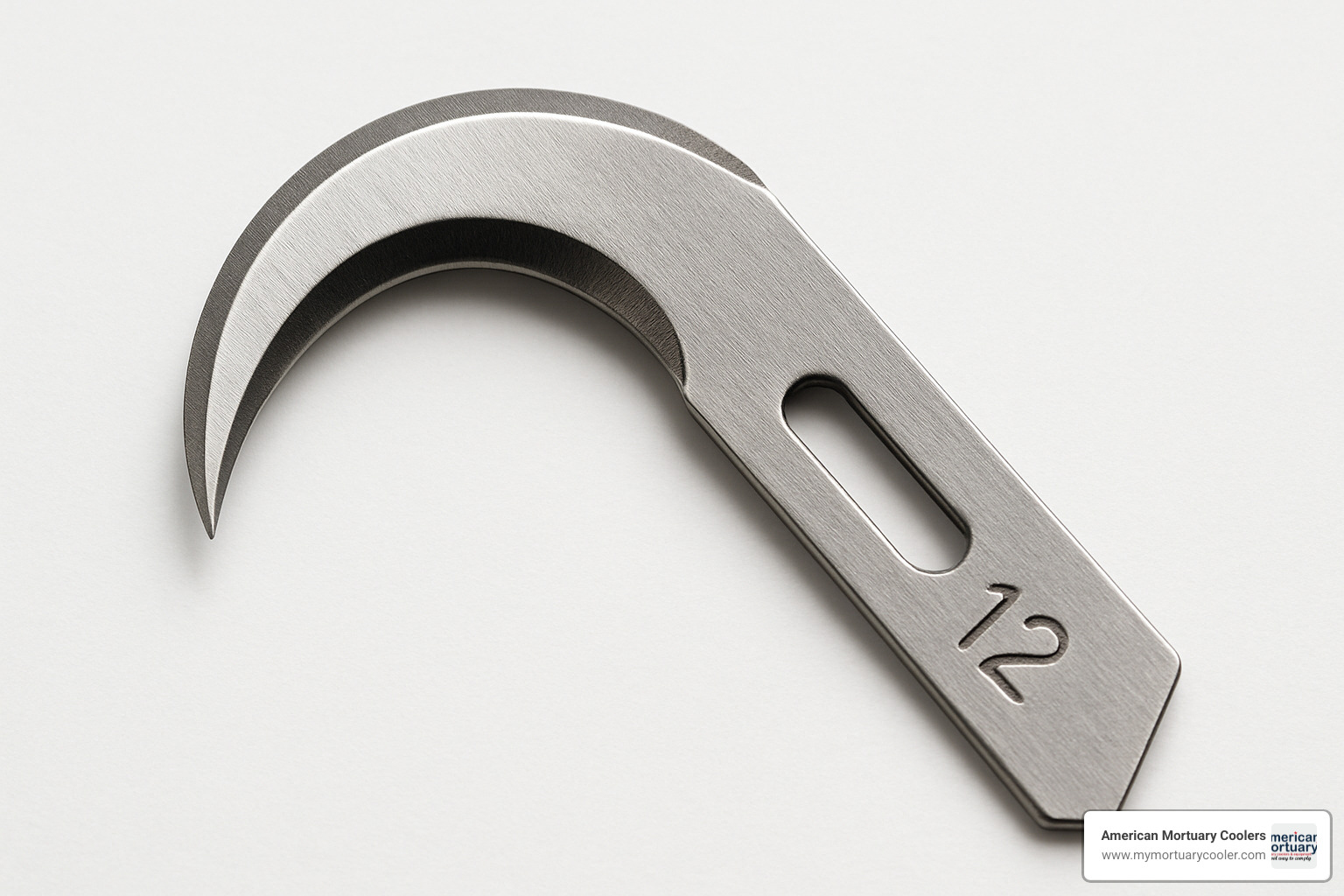 Close-up view of surgical No. 12 scalpel blade showing its distinctive crescent shape and inside-edge sharpening - blade 12
