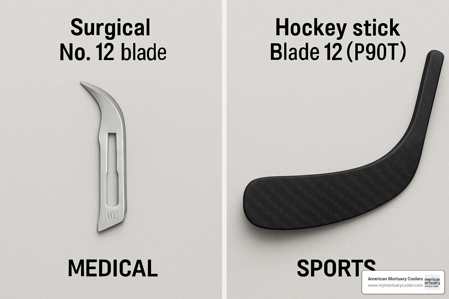 Side-by-side comparison of surgical No. 12 blade and hockey Blade 12 pattern showing their distinct geometries and design purposes - blade 12