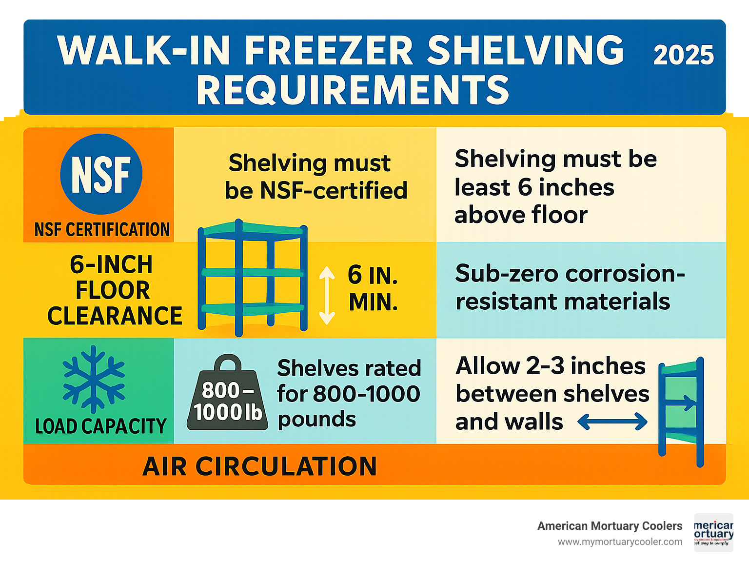 Comprehensive infographic showing NSF certification requirements, 6-inch floor clearance rule, material specifications for sub-zero temperatures, load capacity standards of 800-1000 pounds per shelf, and proper air circulation spacing requirements for walk-in freezer shelving compliance - walk-in freezer shelving requirements infographic 