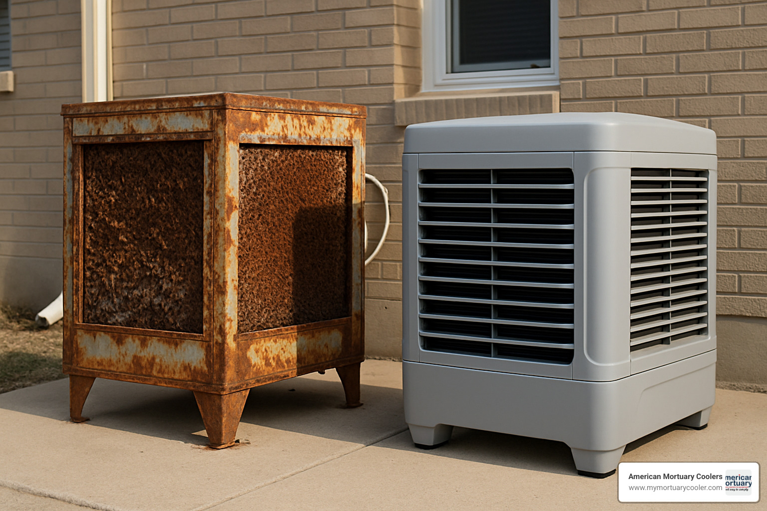 side-by-side comparison of old deteriorated air cooler next to new efficient unit - air cooler repair shop near me