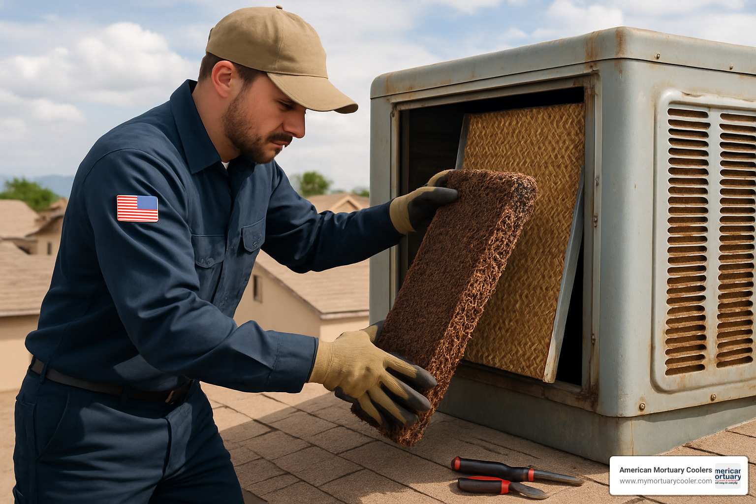 technician replacing evaporative cooler media pads - air cooler repair shop near me