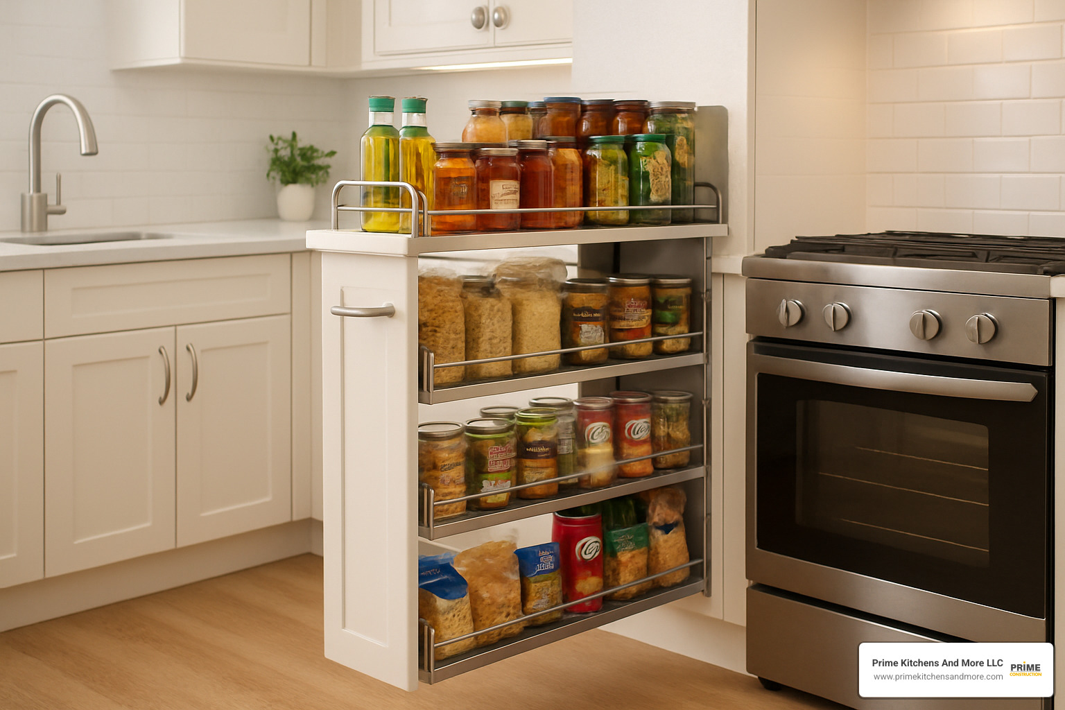 pull-out pantry system showing full visibility and easy access - kitchen remodeling for seniors