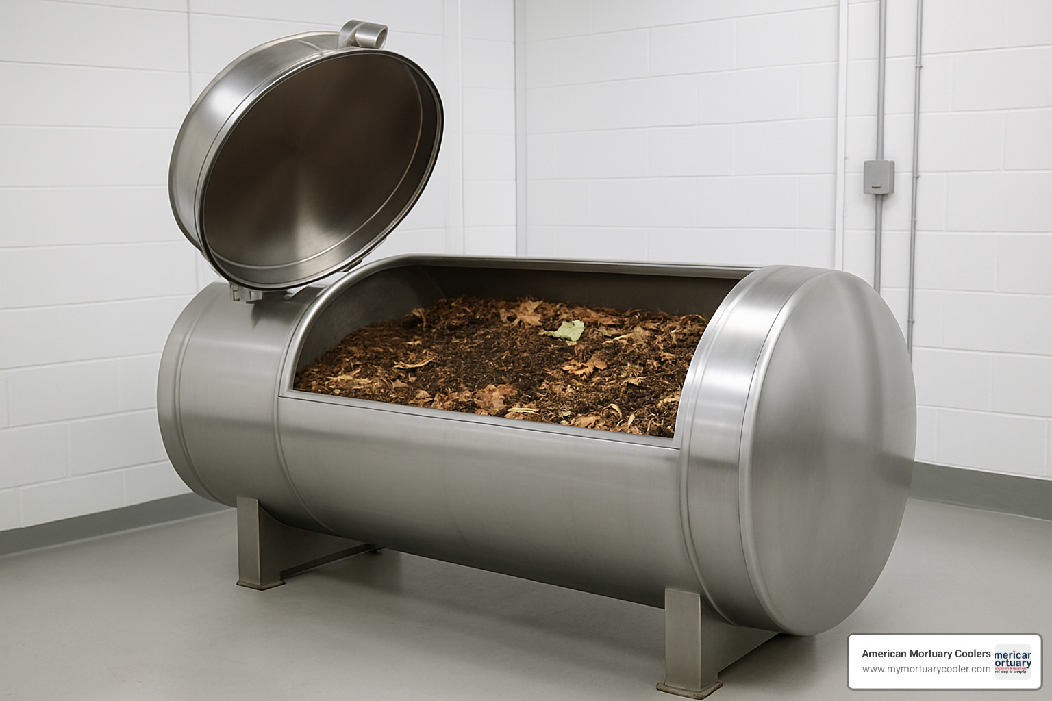 stainless steel composting vessel with wood chips and organic materials - compost your body