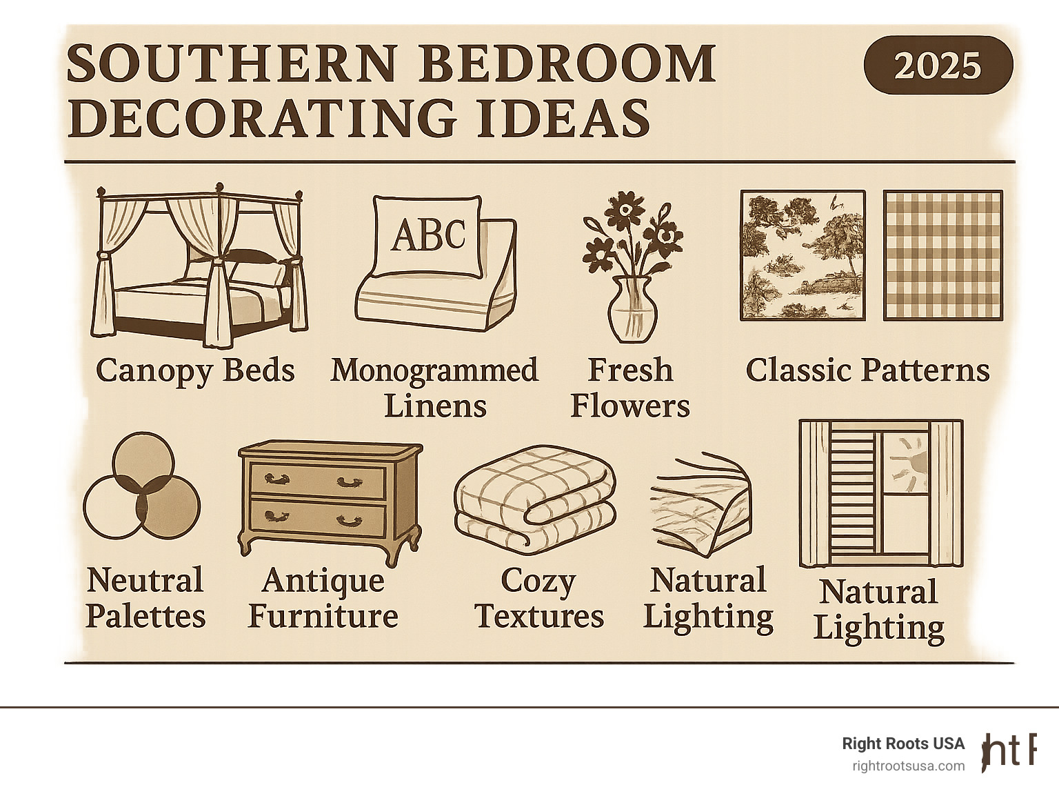 Infographic showing essential elements of southern bedroom design including canopy beds, monogrammed linens, fresh flowers, classic patterns like toile and gingham, neutral color palettes with blues and whites, antique furniture pieces, cozy layered textures, and natural lighting with plantation shutters - southern bedroom decorating ideas infographic 