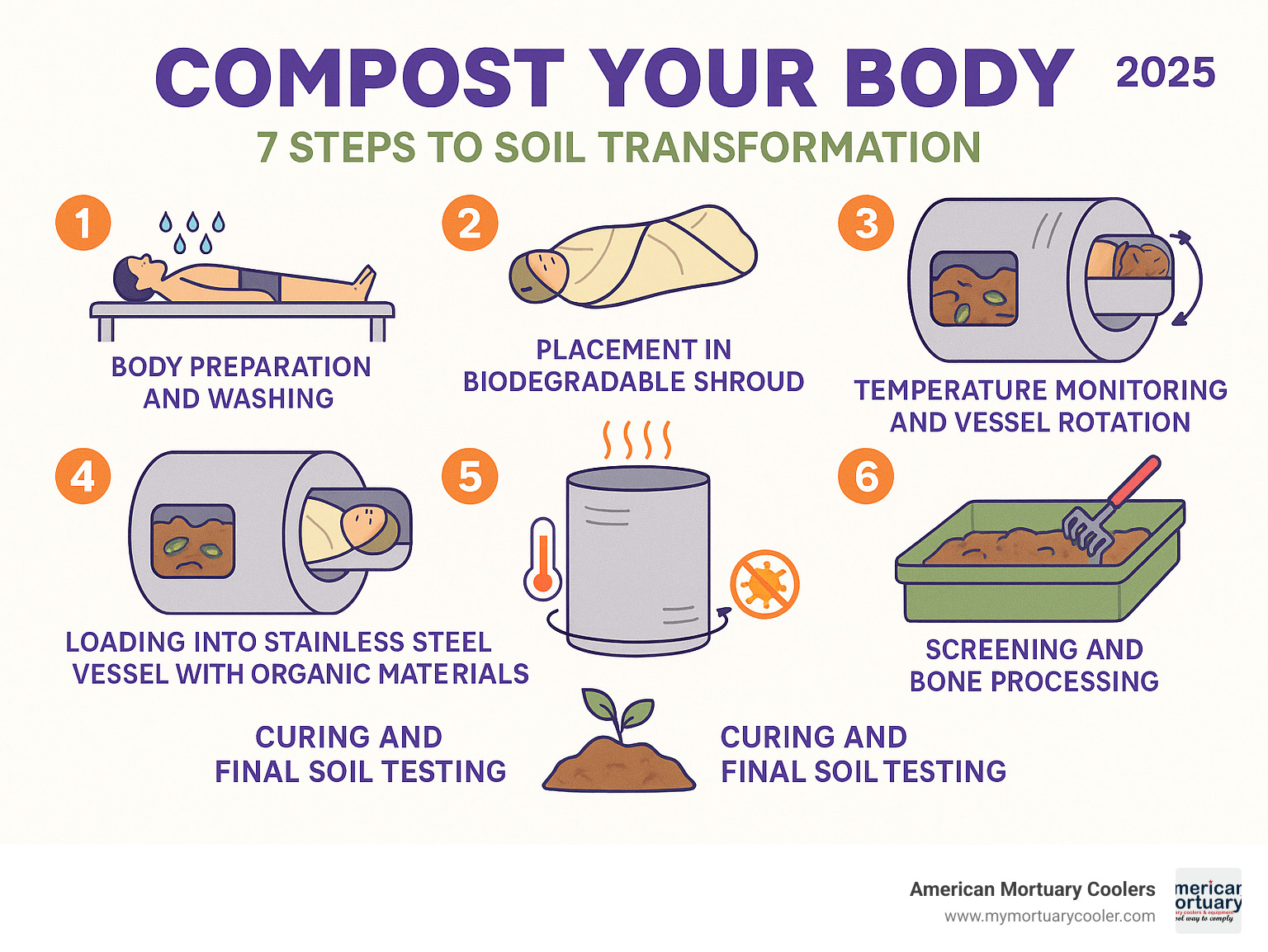 Infographic showing 7 steps to soil change: 1) Body preparation and washing, 2) Placement in biodegradable shroud, 3) Loading into stainless steel vessel with organic materials, 4) Temperature monitoring and vessel rotation, 5) Active composting phase with pathogen elimination, 6) Screening and bone processing, 7) Curing and final soil testing - compost your body infographic 
