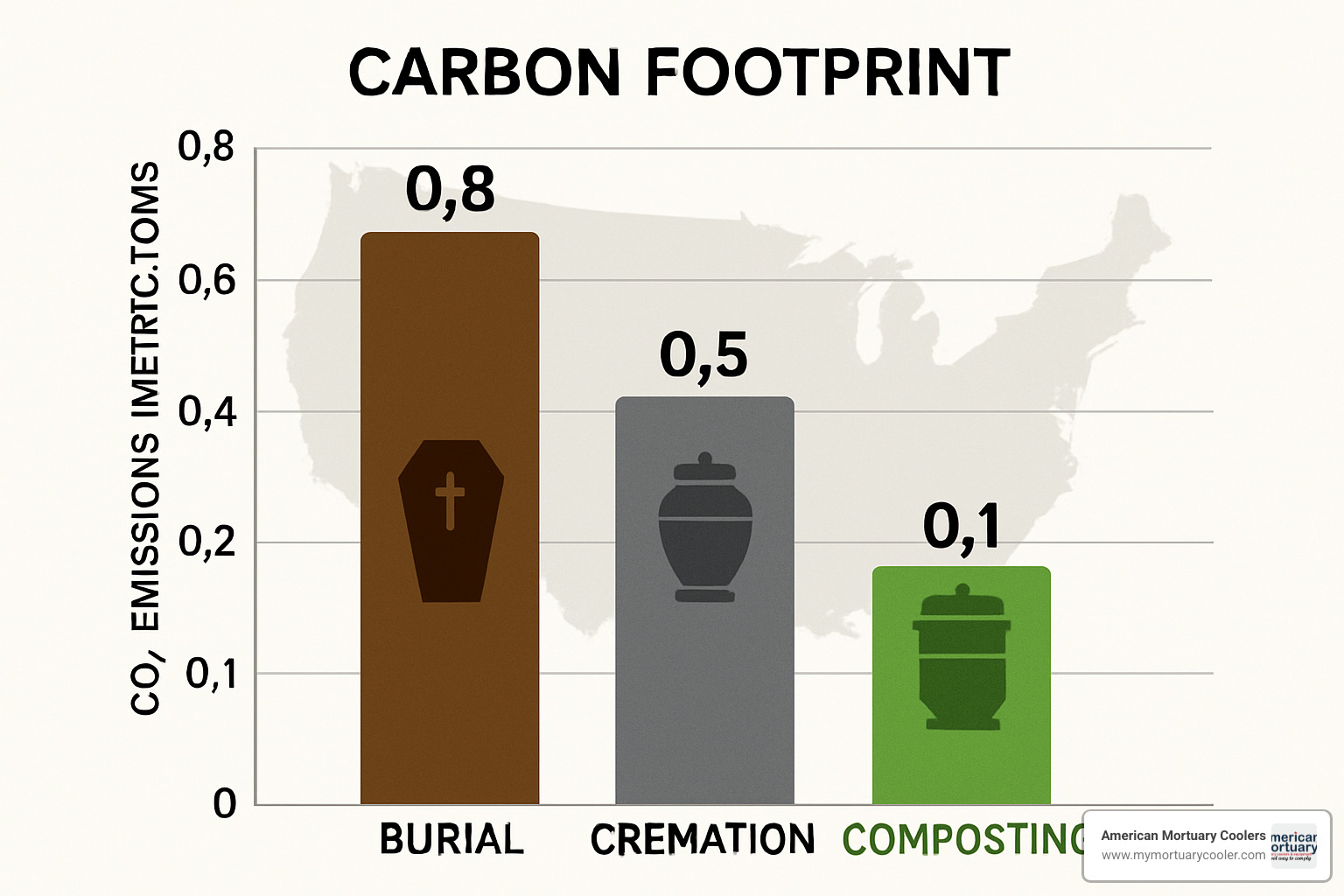 carbon footprint comparison chart showing traditional burial, cremation, and human composting environmental impacts - compost your body